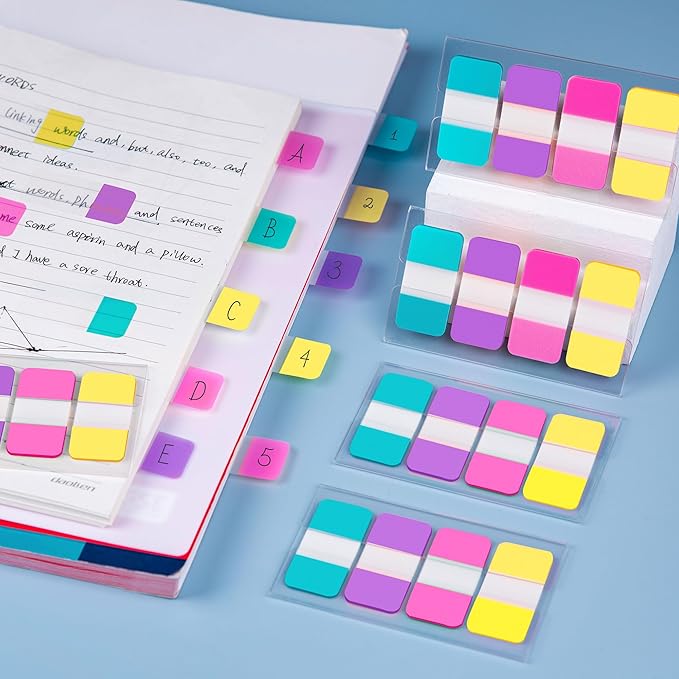 Golcellia 400 Pieces, 4-Colors Sticky Index Tabs Transparent Sticky Notes, Colored Page Markers for Bookmarks, Writable and Repositionable Index Annotation Tabs