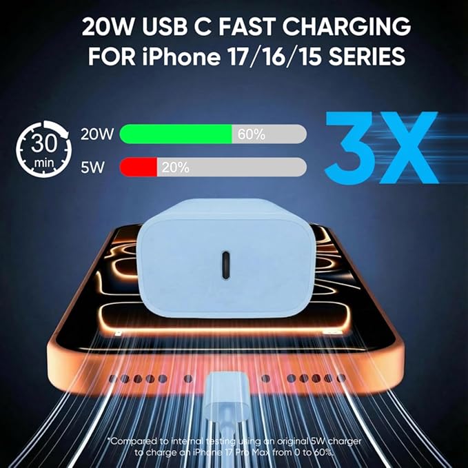 iPhone 17 16 15 Charger Fast Charging 6FT+10FT Cable, 20W USB C Charger, USBC Wall Charger for i Phone 17 Air 16 16e/16 Pro/16 Pro Max/15/15 Plus/15 Pro/15 Pro Max,i Phone iPad Pro/Mini (Blue)