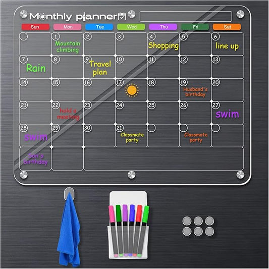 Acrylic Magnetic Calendar for Fridge, Clear Monthly Dry Erase Planning Board for Refrigerator, Reusable Kitchen Whiteboard Planner for Events/Notes, with 8 Colorful Markers, 11.8''×15.7''