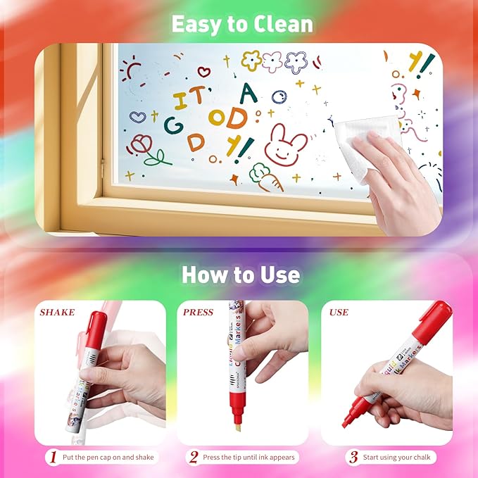 Liquid Chalk Markers with 6mm Reversible Tips 8 Colors Dry & Wet Erase Pens, Neon Chalk Markers for Blackboard Whiteboard Chalkboard Mirror Glass Window Cars