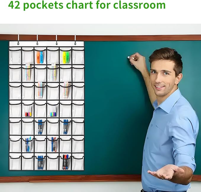 ANSTROUT 42 Clear Pockets Classroom Pocket Chart for Cell Phones and Calculator, Pocket Chart Organizer for Classroom Phone Storage Holder with 42 Number Sticker and Hooks (White)