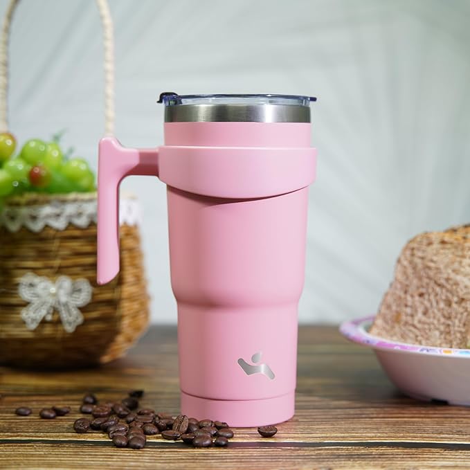 Konokyo 20 oz Tumbler with Handle and 2 Straw 2 Lid, Insulated Water Bottle Stainless Steel Vacuum Cup Reusable Travel Mug, Light Pink