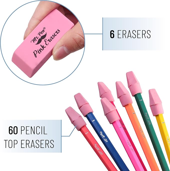 Mr. Pen- School Eraser Combination Set, 66 Pack, Pink, Latex Free Erasers for School, Office, Art Sketching, Homework, Exams, Clean Smudge-Free Correction