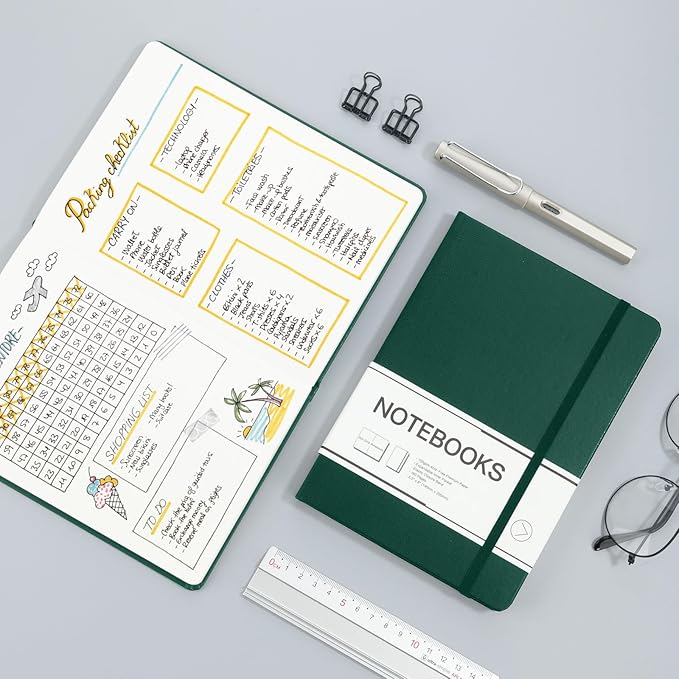 M&G Dotted Journal Notebook, 160 Pages, A5 Medium Size 5.6" x 8" for Men Women, 100GSM Thick College Ruled Paper Bullet Journal for Note Taking, Work & Office, Leather Hardcover, Green