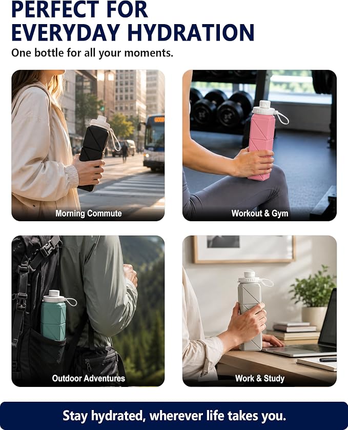 BEAUTAIL Collapsible Water Bottles 21oz/610mL, Silicone Travel Water Bottle | BPA Free, Leakproof & Reusable, Foldable Water Bottle for Traveling, Hiking, Gym, School, Sports, Outdoor, 1-Pack, Dark Blue
