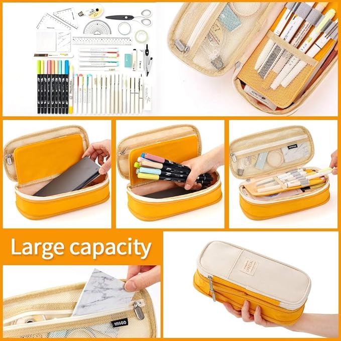 EASTHILL Big Capacity Pencil Pen Case Office College School Large Storage High Bag Pouch Holder Box Organizer Yellow Orange