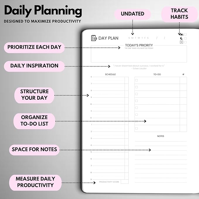 Wyze Planner Undated Daily Planner – 6-Month A5 Productivity Organizer with Full Page Per Day, ADHD Friendly, Hourly Schedule, Goal Setting, Habit Tracker, Weekly & Monthly Pages – Hardcover Time Management Notebook (Pink)