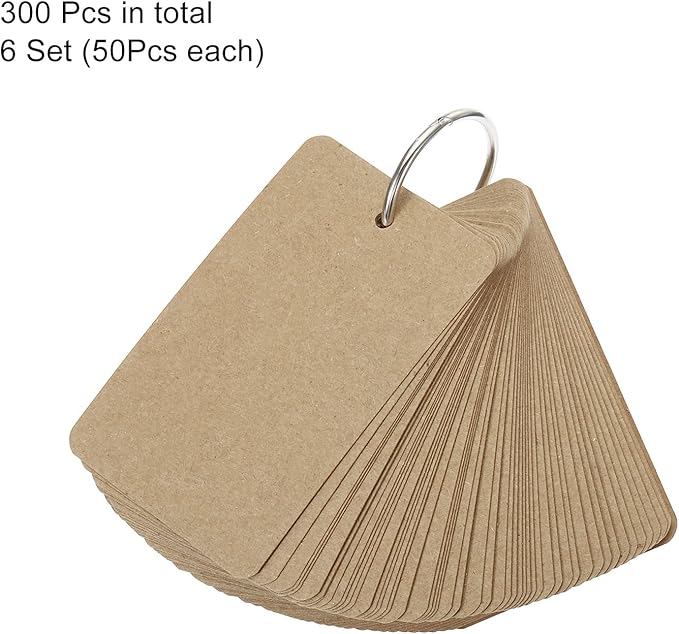 PATIKIL Blank Index Cards with Ring, 300Pcs Blank Flash Card 3.5" x 2" Note Card Study Card for Memory Learning Studying Office Supplies, Brown