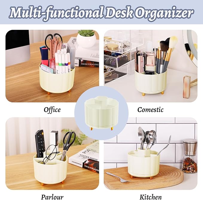 360 Degree Rotating Pen Holder for Desk, 6 Slots Desktop Organizer Caddy for Pens, Pencils, Markers, Multi-Functional Pencil Cup & Office Supplies Holder, Beige