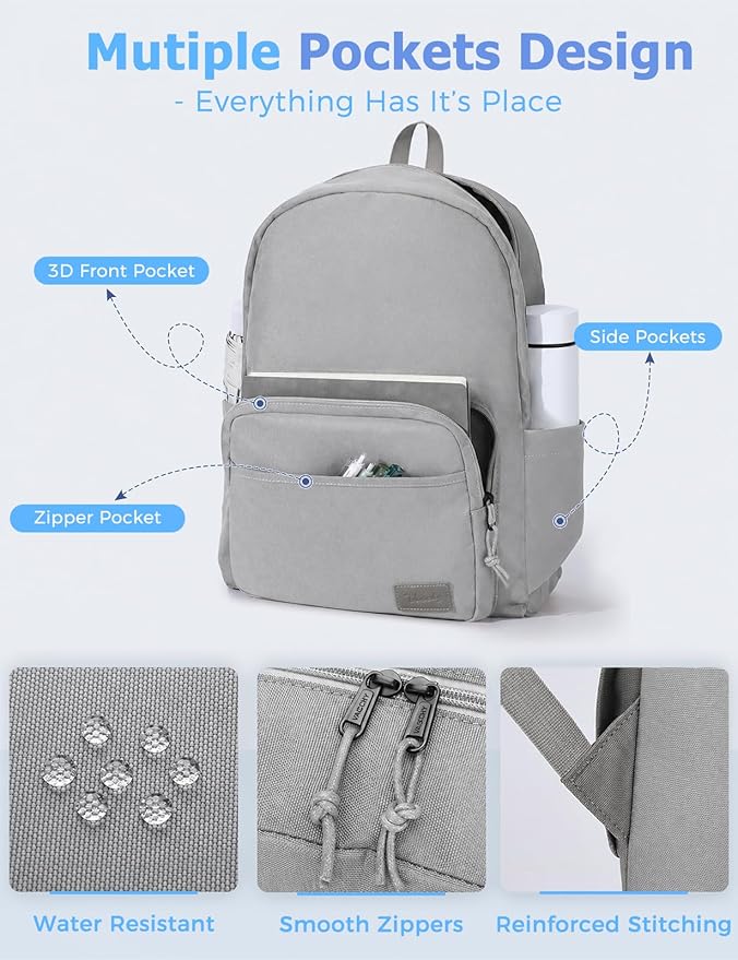VASCHY School Backpacks, Lightweight Bookbag Schoolbag for Boys Girls Casual Basic Simple Daypack for Men Women Gray