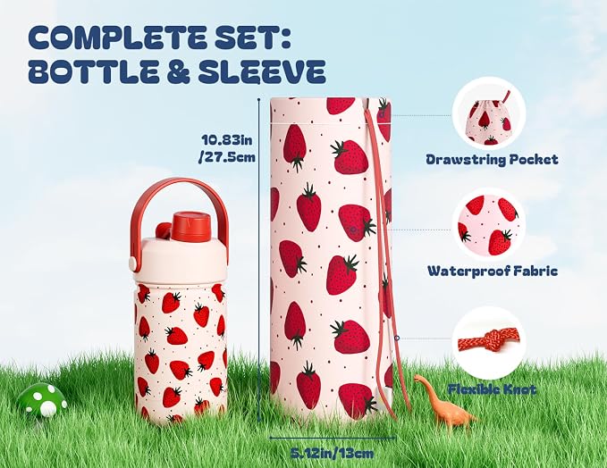 12 oz Kids Metal Water Bottle: 2-in-1 Straw Spout Lid, Spill-Proof, Easy Clean, Keep Cold 24H, Backpack Friendly, BPA-Free Stainless Steel Cup for School, Daycare, Playtime, Gift (Strawberry Squeeze)