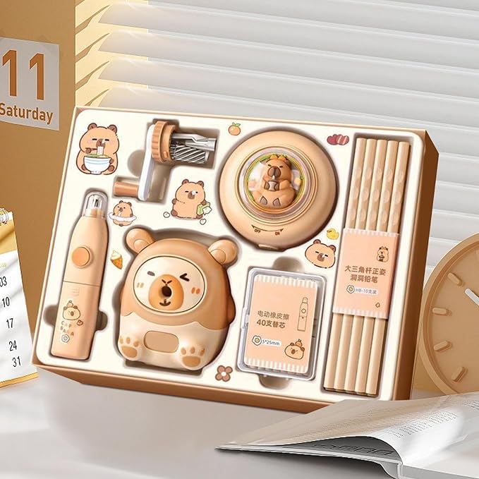 Capybara Stationery Set, Kids Stationery Kit, Colorful School Supplies for Students, Electric Eraser Pencils, Animal Pencil Sharpener, Homeschool Classroom for Elementary and Middle School