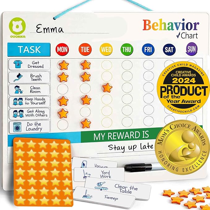 QUOKKA Magnetic Chore Chart for Kids - Reward Behavior Chart for Kids at Home - Dry and Erase Routine and Responsibility Schedule Board - Sticker Toddler List with 48 Magnets & 49 Stars