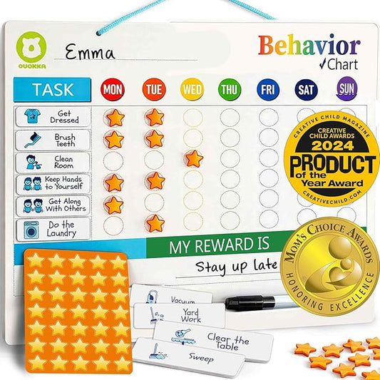 QUOKKA Magnetic Chore Chart for Kids - Reward Behavior Chart for Kids at Home - Dry and Erase Routine and Responsibility Schedule Board - Sticker Toddler List with 48 Magnets & 49 Stars