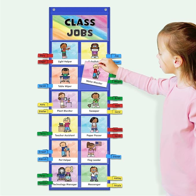 ABCxGOOD Class Jobs Pocket Chart Class Management Educational Pocket Chart Teacher's Helper, Preschool Classroom Must Haves Supplies, Great for Classroom Homeschool. (Blue) (Blue, 29.5"*10")