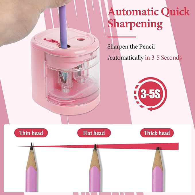 AUAUY Automatic Electric Pencil Sharpener with 2 Hole Sizes, Battery Operated with 4 Knife Holders & Charger, for Standard & Makeup Pencils (Pink)