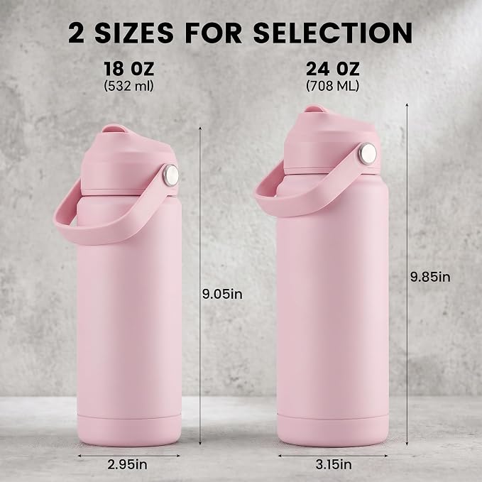 Fijinhom 24oz Insulated Stainless Steel Water Bottle, Wide Mouth Double Wall Vacuum, Silicone Straw, Sweat & Leak Proof, BPA Free Insulated Water Flask for Travel, Keep Cold 24h Hot 12h, Coral Pink