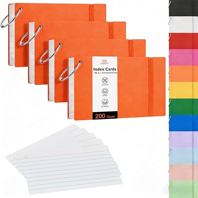 NEEWAY Ruled Index Cards with Ring 3x5 Inches, 200 Count Note Cards Lined, Flash Cards with Rings for Studying, Home and Office (Orange)