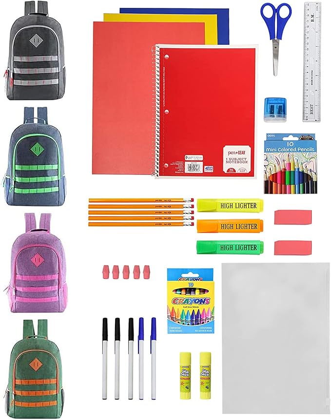 12-Pack 19” Sport Backpacks with 52 Piece School Supplies Kits - Pens, Pencils, Crayons – Bulk Bundle for Elementary, Middle, and High School Students, 4 Assorted Styles
