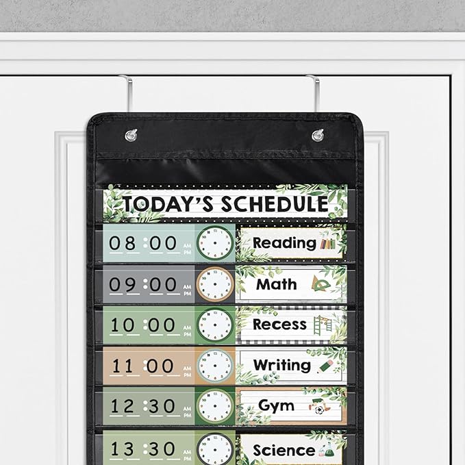 Daily Schedule Pocket Chart for Classroom, 13+1 Pockets with 42 Designed Schedule Cards, Farmhouse Greenery Classroom Kids Daily Schedule Pocket Chart for Home Back to School Classroom Decorations