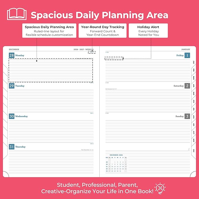 Planner 2026-2027 Daily Weekly and Monthly,11.5"x8.5",18 Months Spiral Bound Calendar Agenda with Self-adhesive Pen Holder,2026 Academic Plan with Vegan Leather Soft Cover,Rose Red