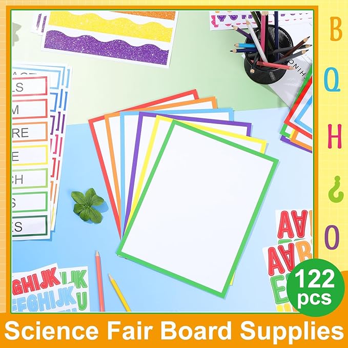 122 Pcs Science Fair Board Supplies 72 Glitter Colorful Pencil Trim Scalloped Borders 36 Presentation Board Subtitle 6 Self Adhesive Project Title 8 Letter Sticker for Classroom Office Decor(Colorful)