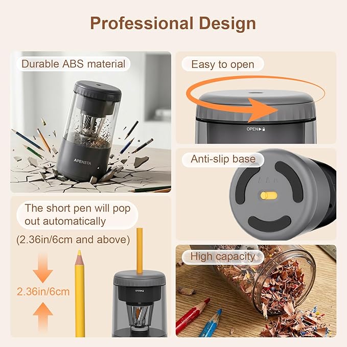 Electric Pencil Sharpener with Adjustable Tip Thickness, Auto Stop, Type-C Rechargeable, for Wooden, Colored Pencils (7–8mm), Portable Design for Home, Office & School, Gray