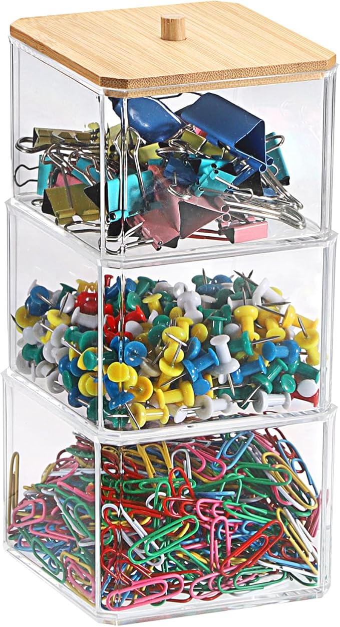 BTSKY Clear Stackable Paper Clip Holder with Bamboo Lid 3-Layer Paperclip Box Thick Acrylic Office Supply Accessory Organizer Square Small Storage Holder Cute Qtip Holder for Office Bathroom Vanity