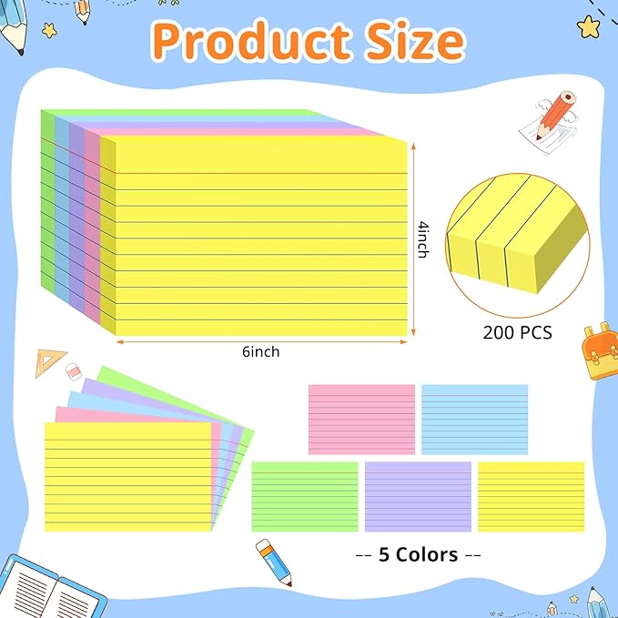 Colored Index Cards 4x6, Flash Cards, Lined Flashcards Notecards, Note Cards for Studying, 180GSM Study Card, 200 Count, 5 Pack of 40