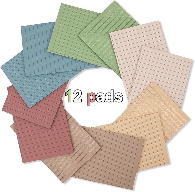 (12 Pack) Lined Sticky Notes 4x6 in,Large Notepads with Lines,Ruled Stickies Super Sticking Power,Office School Memo Note Pads Vintage Colors,Post on Windows Doors,Recyclable,Easy to Write on