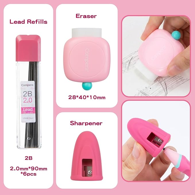 Ergonomic Pencil Set, 2.0mm HB Mechanical Pencils for Kids, School Supplies Include Sharpener, Eraser & 6 Extra Leads – Handwriting Aid for Preschool, Kindergarten, Homes, Pink, L