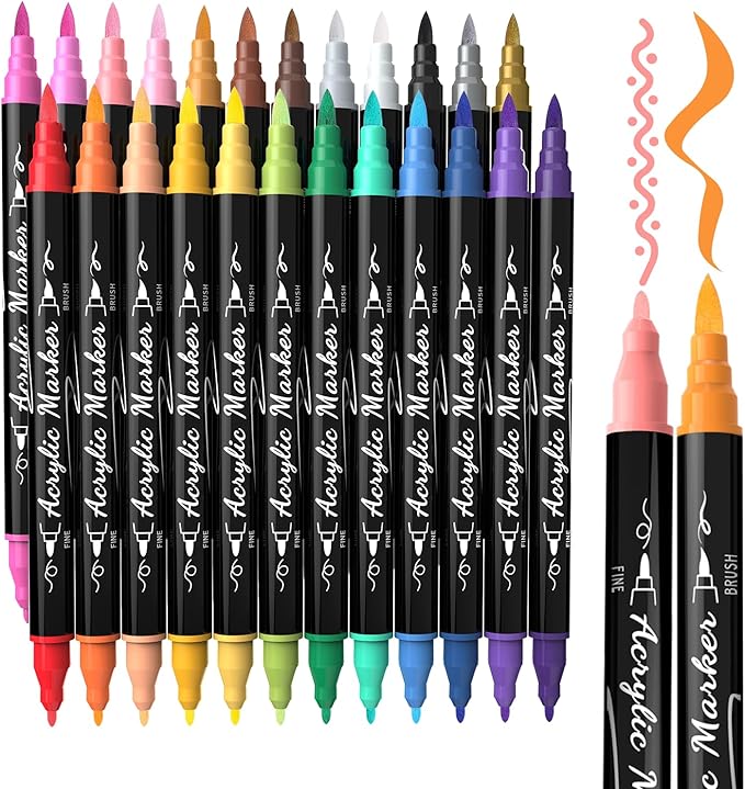 TOSHARE 24 Colors Acrylic Paint Markers, Brush & Fine Dual Tip Acrylic Paint Pens for Rock, Wood, Paper, Fabric, Canvas, Glass, Ceramic, Egg, Scrapbook and DIY Crafts Supplies Art Gifts