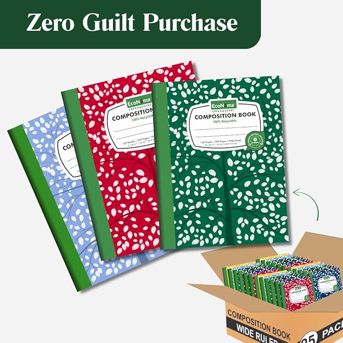 Composition Notebooks Pack of 5 Wide Ruled 200 Pages (100 Sheets) 9.75"x7.5" Carbon Neutral Recyclable Paper Eco-Friendly School & Office Supplies For Students and Professionals Assorted Color