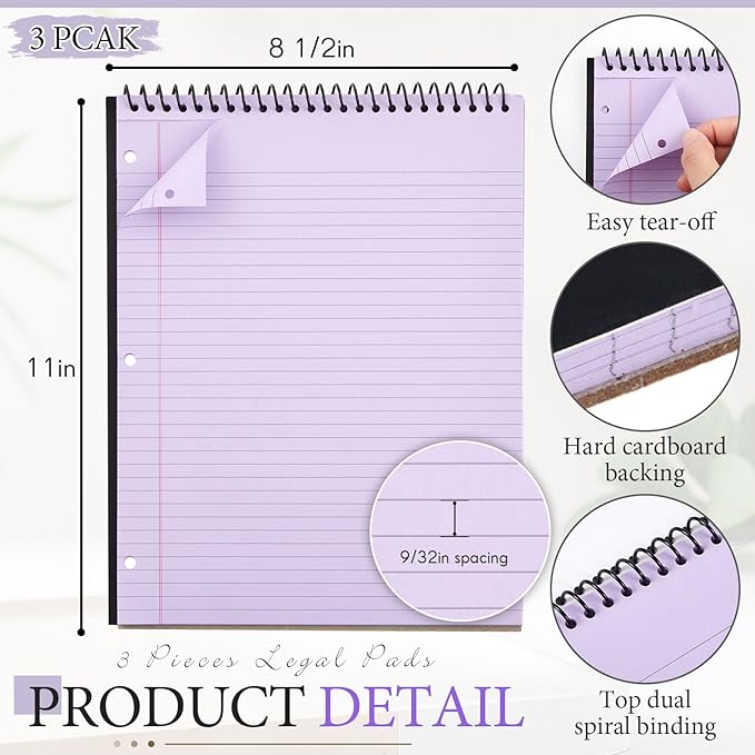 MotiMind 3 Pack 8.5" x 11" Top Spiral Notebook with 3 Hole Punched Purple Legal Pads College Ruled Notepad 50 Sheets Hard Cardboard Paper Wirebound Notepad for Office School Business