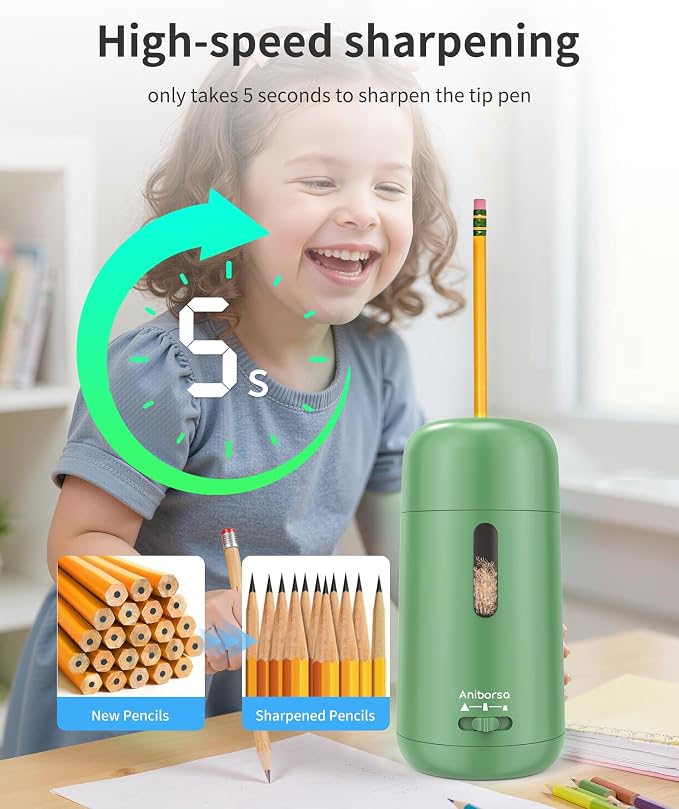 Rechargeable Electric Pencil Sharpener, Auto in & Out, Green