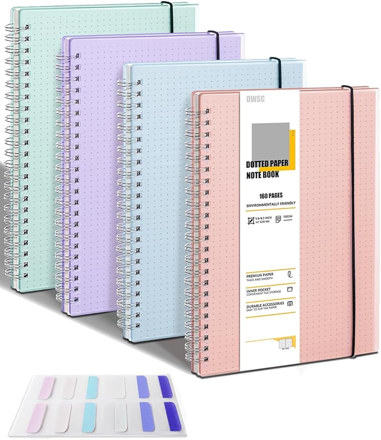 OWSC 4 Pack Dot Notebook, 5.9 x 8.3 Inches Spiral Notebooks for Work, School and Journal with 110 GSM Journal Dotted Paper, Small Notebook with 80 Sheets/160 Pages, Hardcover Dot Journal Notebook