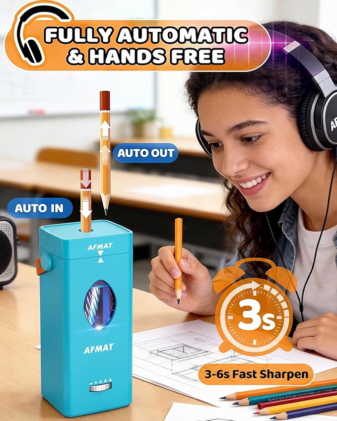 AFMAT Electric Pencil Sharpener, Fully Automatic Pencil Sharpener for 6-12mm No.2/Jumbo Pencils, Auto in & Out, 5 Sharpness Modes, Rechargeable Heavy Duty Sharpeners for Classroom/Home/Office PSC7