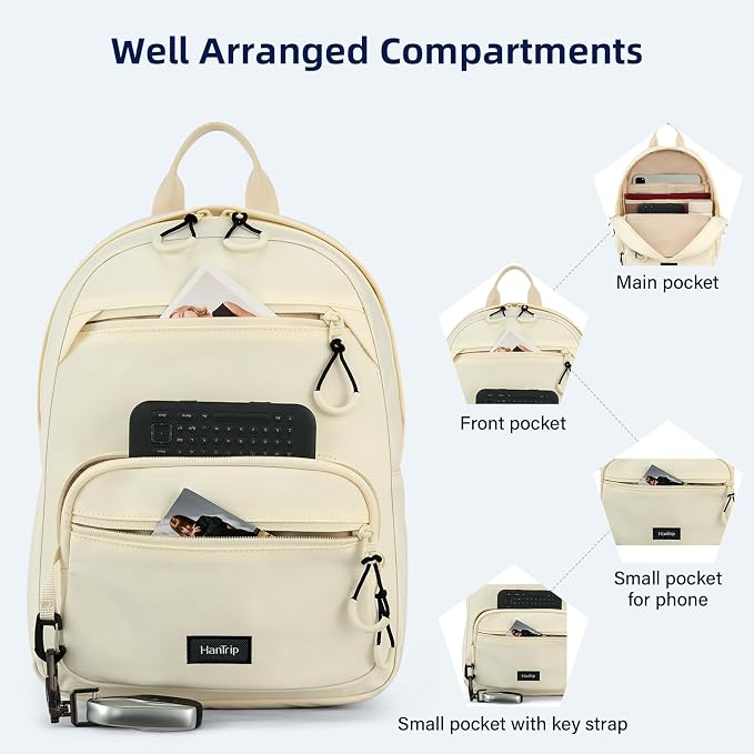 HanTrip 13 Inch Mini Small Travel Backpack Cary on For Women Men, Offwhite | 13L Capacity, Lots of Pockets, Padded Shoulder Strap, Lightweight, Water Resistant, Bookbag for College, Commuter, Work