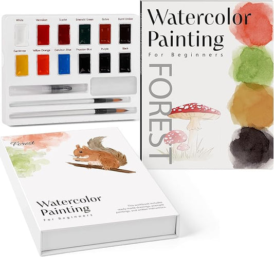 Watercolor Workbook-Water Colors Paint Adult Set with 12 Original Forest-Themed Patterns,12 Paint Colors&Refillable Brushes,Coloring Books for Adults Beginners,Arts&Crafts Birthday Gifts