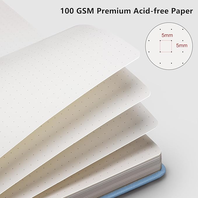 RETTACY Dotted Journal Notebook, 192 Pages, A5 Medium Size (5.7'' x 8.3''), Leather Hardcover, 100 GSM Thick Paper, for Journaling, Planning, Tracking (Light Blue)