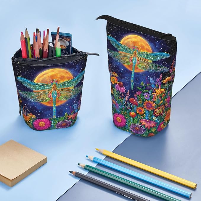 Dragonfly Moon Standing Pencil Case Cute Telescopic Stationary Pouch with Zipper Large Capacity Stand up Pen Bag Portable Makeup Holder for School Office Supplies
