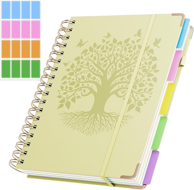 QIYVLOS Hardcover Spiral Notebook, B5 Journal with Removable Dividers Tabs, 5 Subject Notebook College Ruled, 320 Pages 8"x10" Leather Notebooks for Work School Study, Lined Journal for Women, Yellow