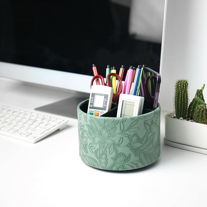 Round Leather Art Supply Organizer,Remote Control Holder,360 Degree Spinning,Multi-Functional Pencil Holder,4 Compartments Desktop Stationary Organizer(1-Carved Dark Green)