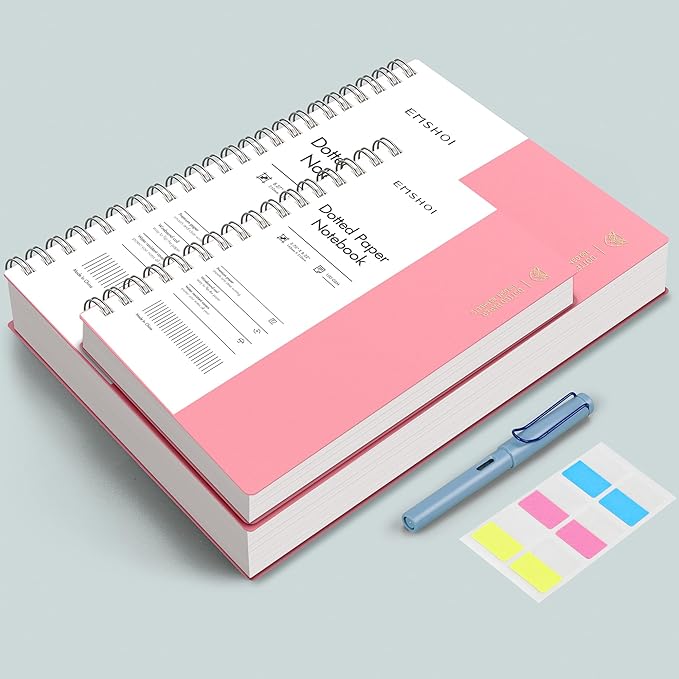 EMSHOI Dotted Journal Spiral Notebook, 300 Pages, A4 Large 8.27"x11.2", 100 GSM Thick Paper, Flexible Plastic Cover, 5mm Dot Grid Notebook for Journaling, Planning, Drawing, Writing, Pink