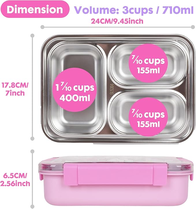 Stainless Steel Bento Lunch Box for Kids, 710ml/23.5oz BPA-Free Leak-Proof Food Containers with 3 Compartments, Back to School Students Daycare Lunches Snack Container Size for Ages 3-7