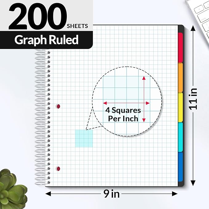 SUNEE 5 Subject Graph Paper Notebook - 400 Pages, 9"x11", 4x4 Graph Ruled Notebook, 5 Pocket Colored Dividers, 3-Hole Punched Paper, Black