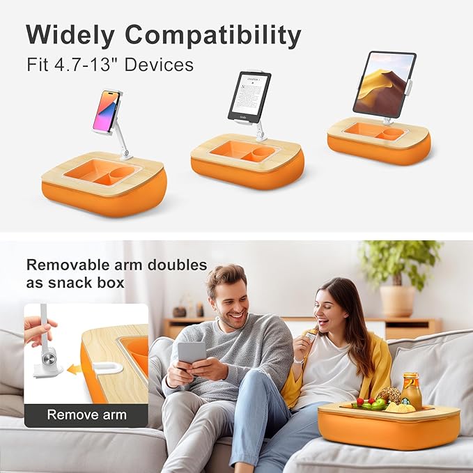 ERGONOV Tablet Pillow Stand for Lap Use with Snack Bowl and 360° Rotating Arm, Adjustable iPad Holder for Bed, Couch, and Recliner, Compatible with 4.7"-13" Kindle, iPad, Tablet, Phone,Orange