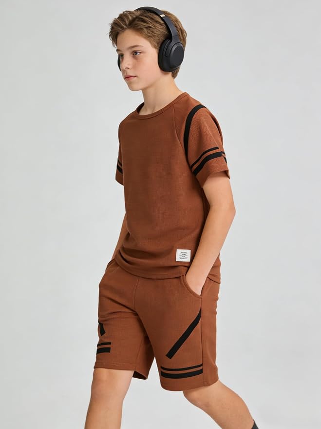 Cakaner Tween Boys Clothes Summer Simple Print T-Shirt And Shorts Set 2 Pieces Teen Trendy Outfits Size 7-14 Year