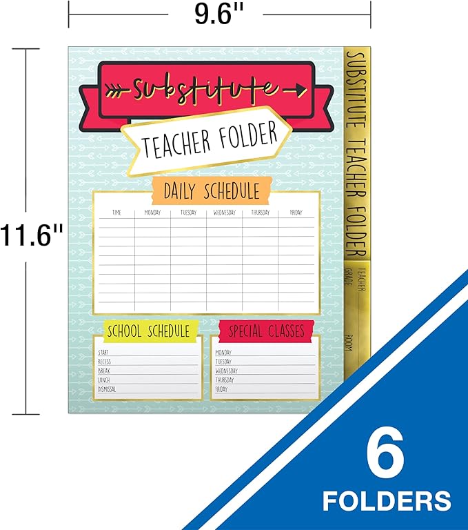 Carson Dellosa 6-Pack Substitute Teacher Folder, Schedules, Routines, Procedures, Classroom Management, Contact Information, and More with Pockets, Desk Organizer School Supplies