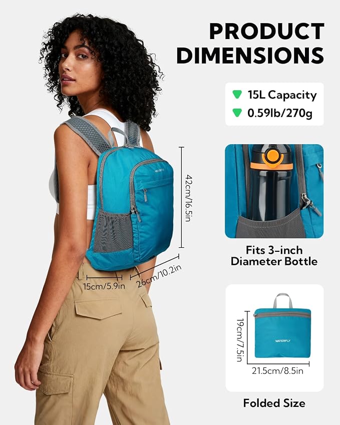 WATERFLY Small Packable Travel Backpack: 15L Lightweight Hiking Daypack | 0.59 lb,Water-Resistant Nylon,Breathable Straps,Reflective Strips,Phone Pocket,Multi-Pockets,Hiking,Cycling,Commute,Men Women